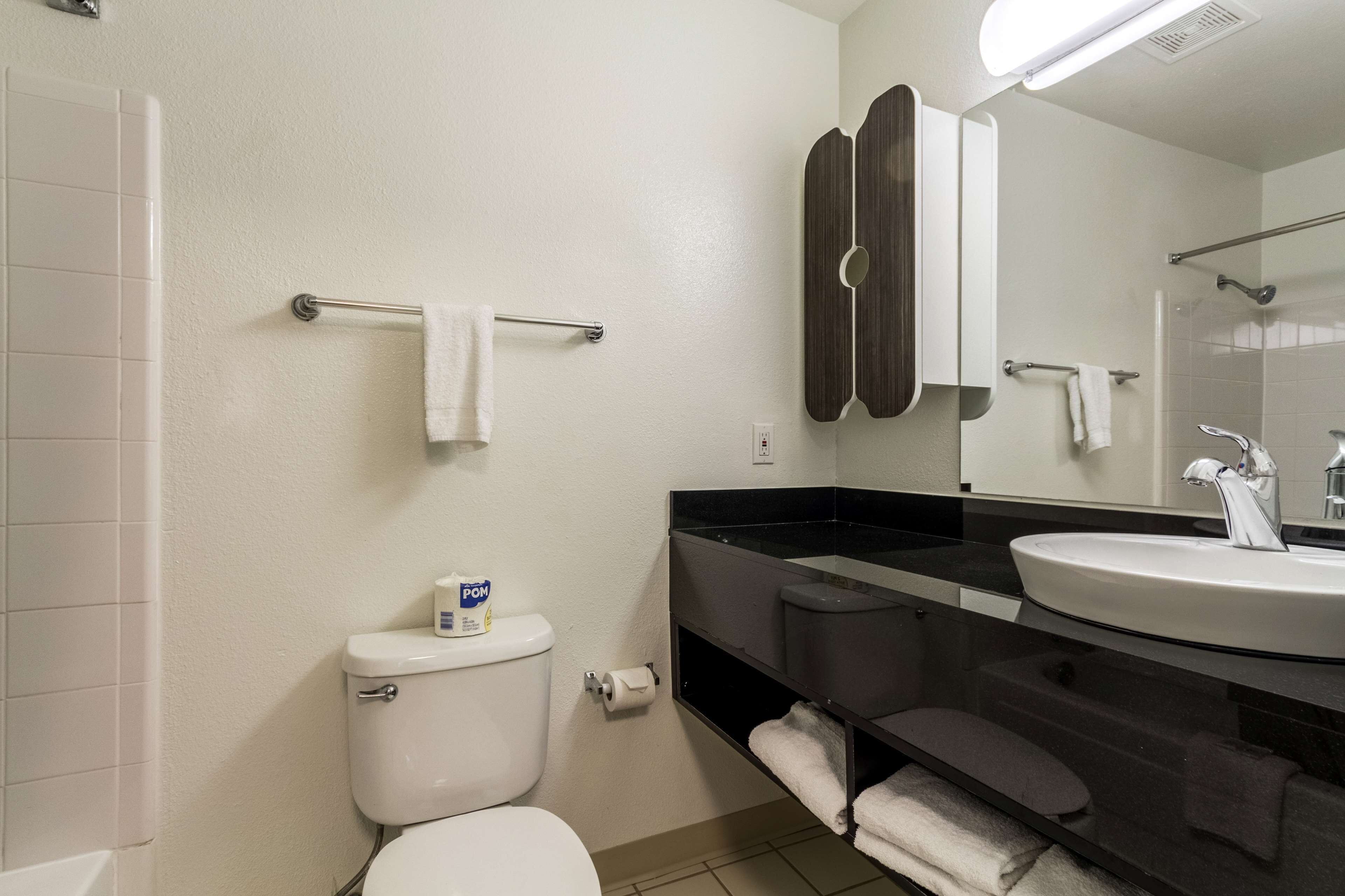 Une salle de bain moderne avec des toilettes, un lavabo et un miroir.