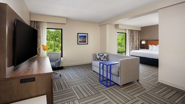 Ein Hotelzimmer mit Flachbildfernseher, einer Couch, einem kleinen Tisch, einem Bett und großen Fenstern mit Blick auf Grünflächen.