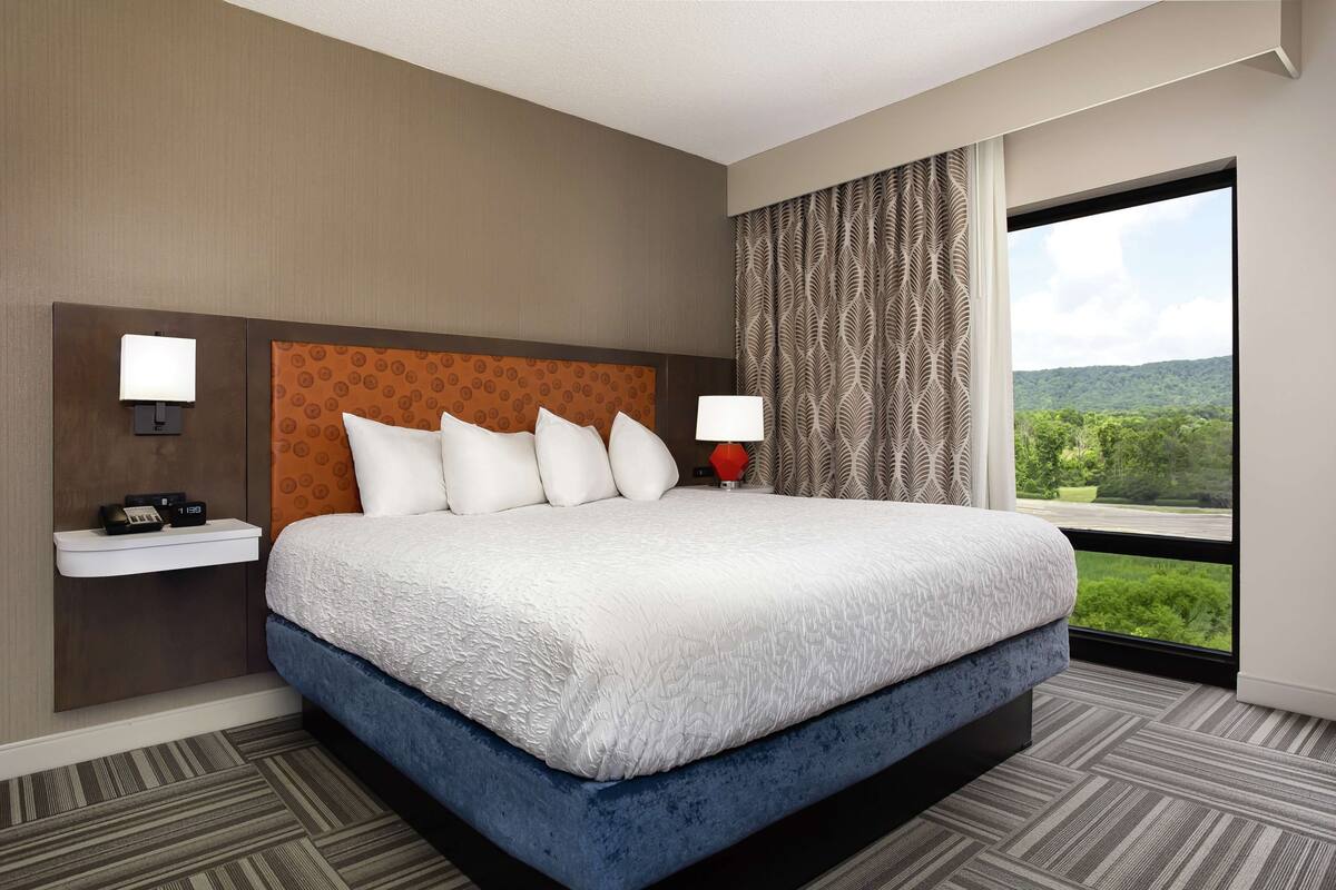 A hotel room with a large bed, two bedside tables with lamps, a view of greenery through a window, and a patterned curtain.