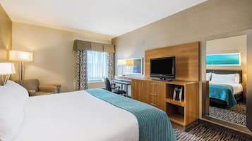 Una habitación de hotel con una cama, un escritorio con una silla, un televisor y un espejo grande.