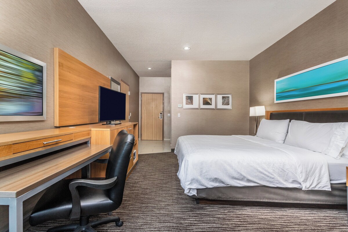 A hotel room with a bed, desk, chair, television, artwork, and a door.