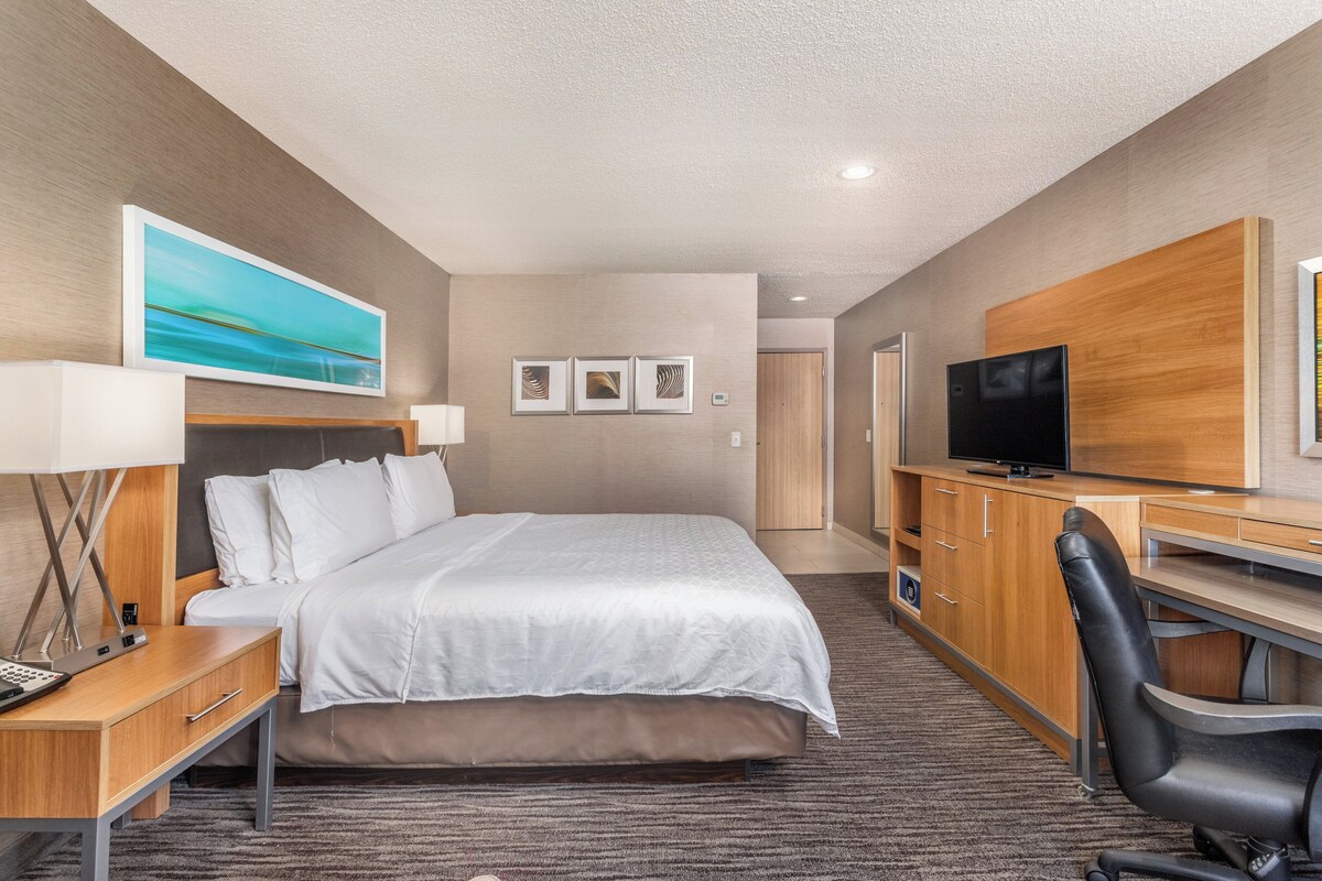 A hotel room with a bed, desk, chair, TV, and artwork on the walls.