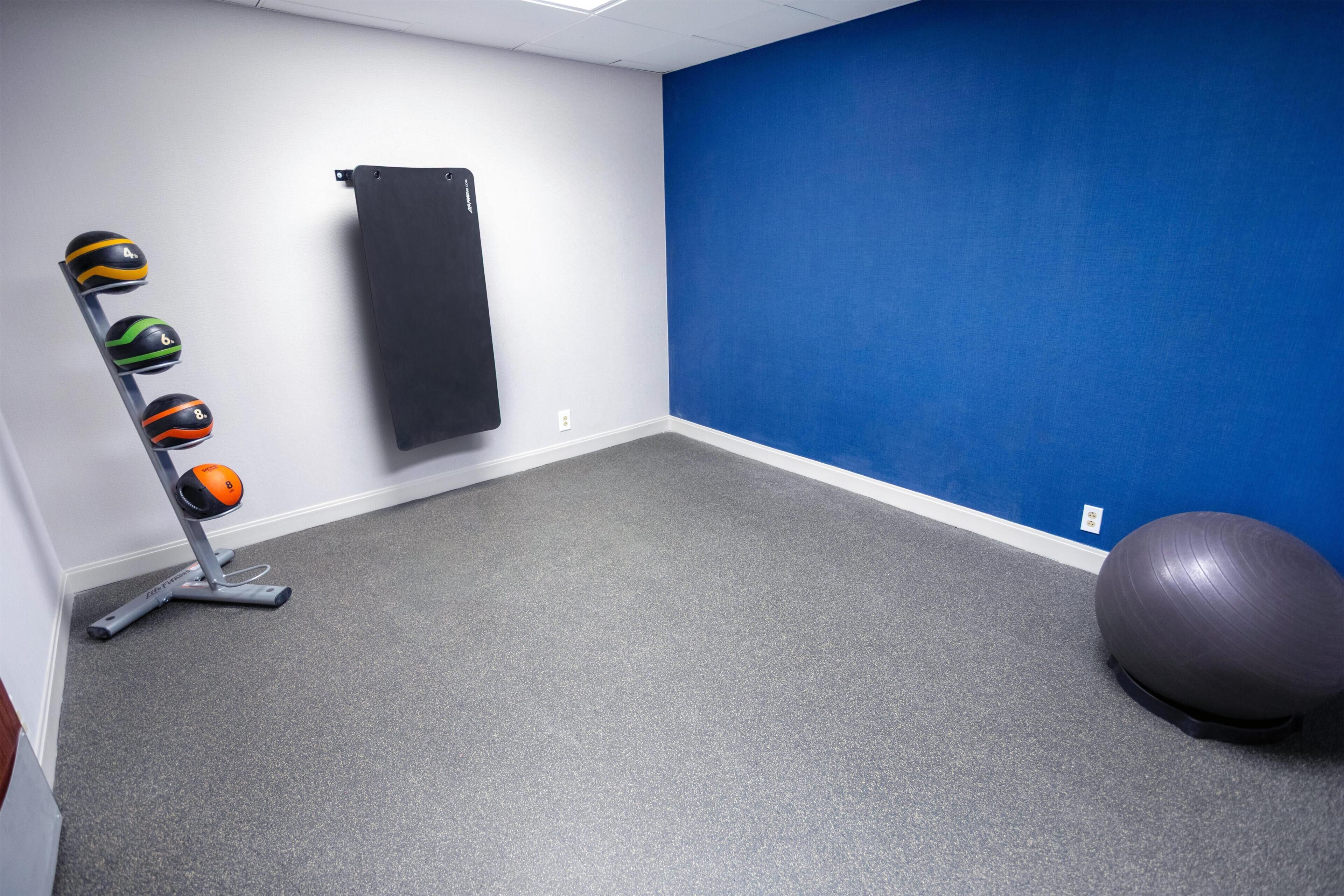 Una habitación con alfombra gris, pared azul, felpudo negro y un juego de pelotas de ejercicio sobre un soporte.