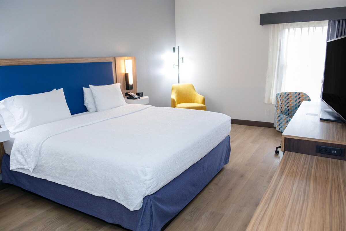 A hotel room with a large bed, a desk with a television, a chair, and a bedside table with a lamp.