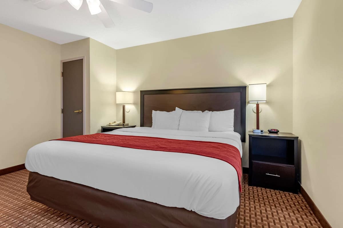 A hotel room with a large bed, two bedside tables with lamps, and a door.
