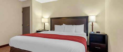 A hotel room with a large bed, two bedside tables with lamps, and a door.