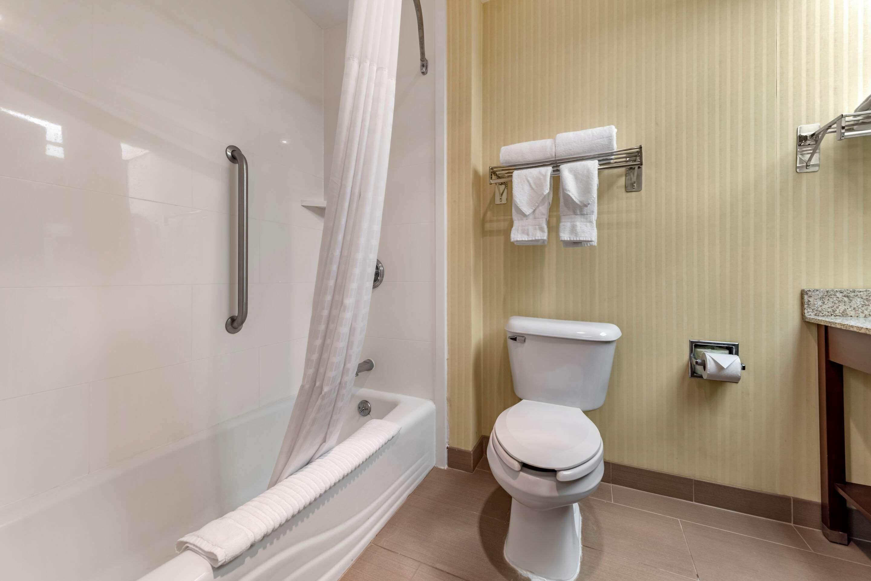 Un baño con ducha, inodoro y perchero para toallas.