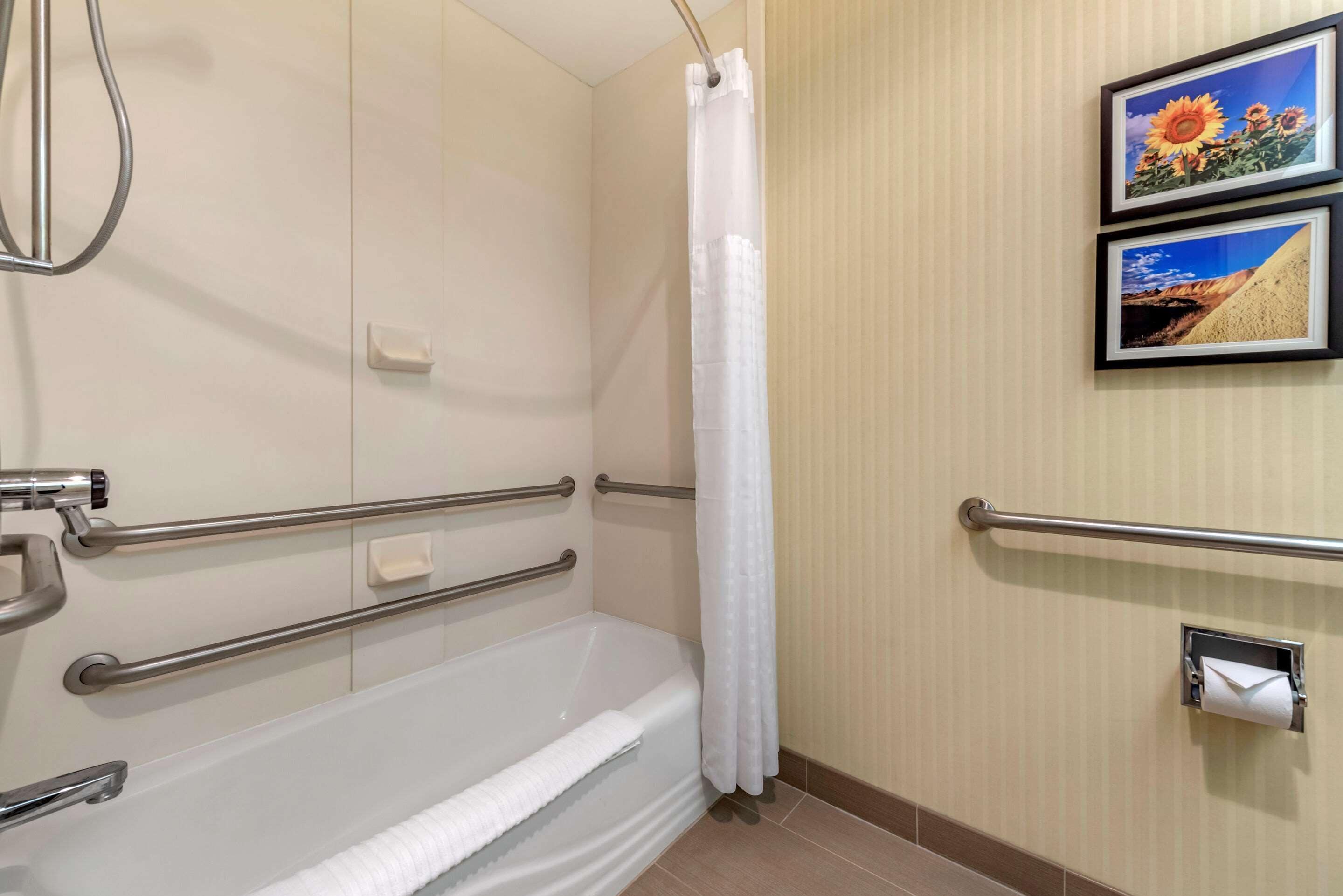 A bathroom with a bathtub, handrails, a shower curtain, and two framed pictures on the wall.