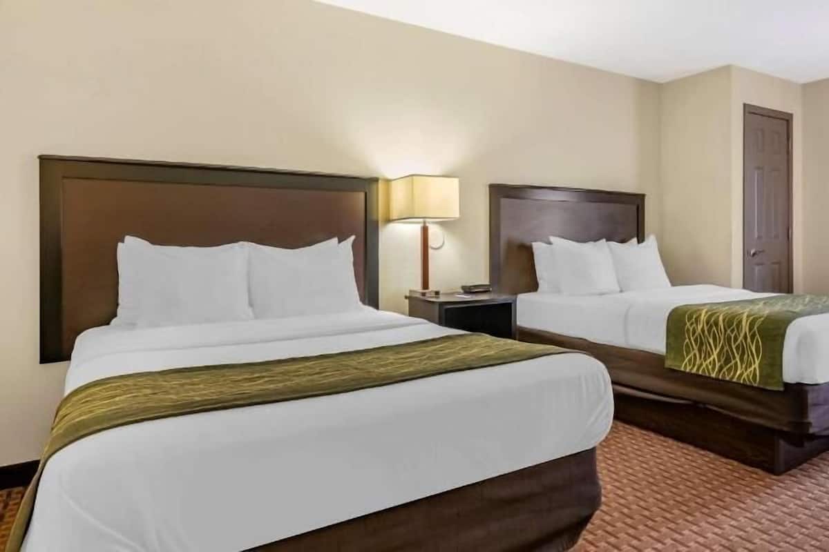 A hotel room with two beds, a nightstand, a lamp, a chair, and a door.