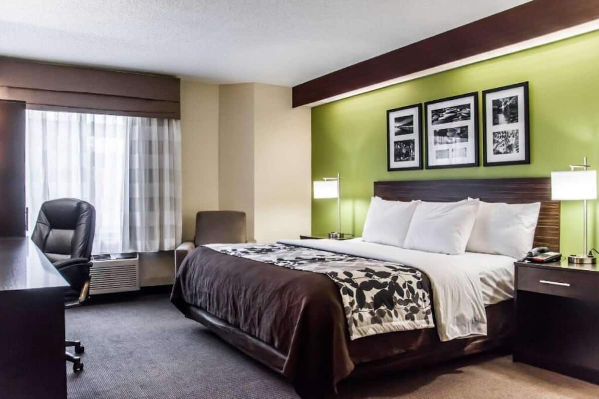 Ein Hotelzimmer mit einem Bett, einem Schreibtisch, einem Sessel, einer Lampe und gerahmten Bildern an der Wand.