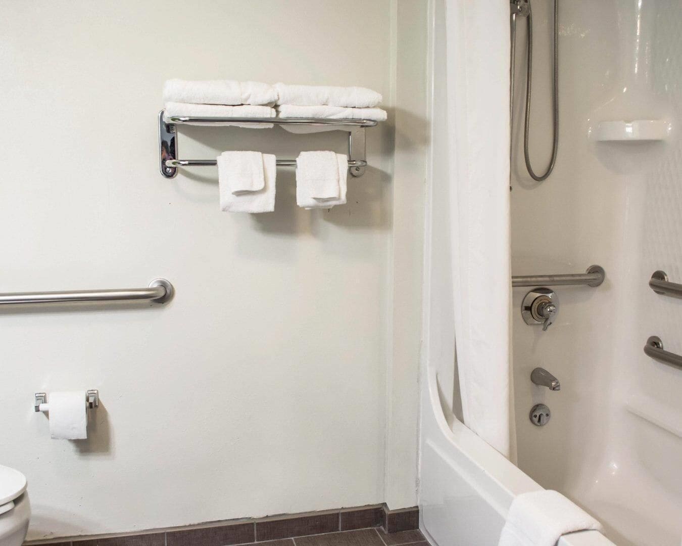 A bathroom with a shower, a toilet, a towel rack, and a grab bar.