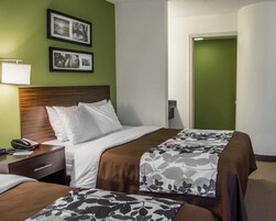 Habitación de hotel con cama, mesita de noche, lámpara y dos cuadros en la pared.