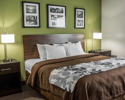 Una habitación de hotel con una cama, dos mesitas de noche y tres cuadros en la pared.