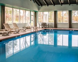 Una piscina interior con paredes de vidrio transparente, sillones de descanso y una mesa.