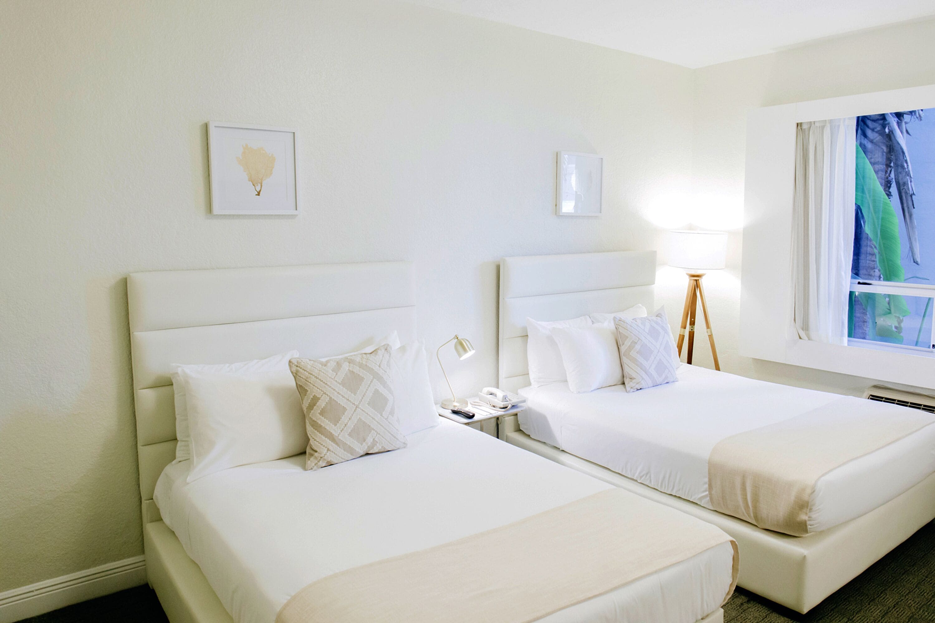A hotel room with two beds, a bedside table with a lamp, and a window with a view of palm trees.