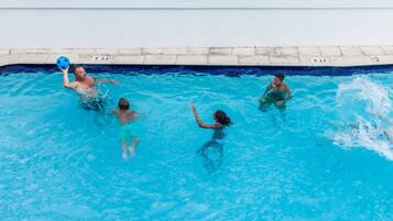 Outdoor pool, open 9:00 AM to 5:00 PM, pool umbrellas, pool loungers