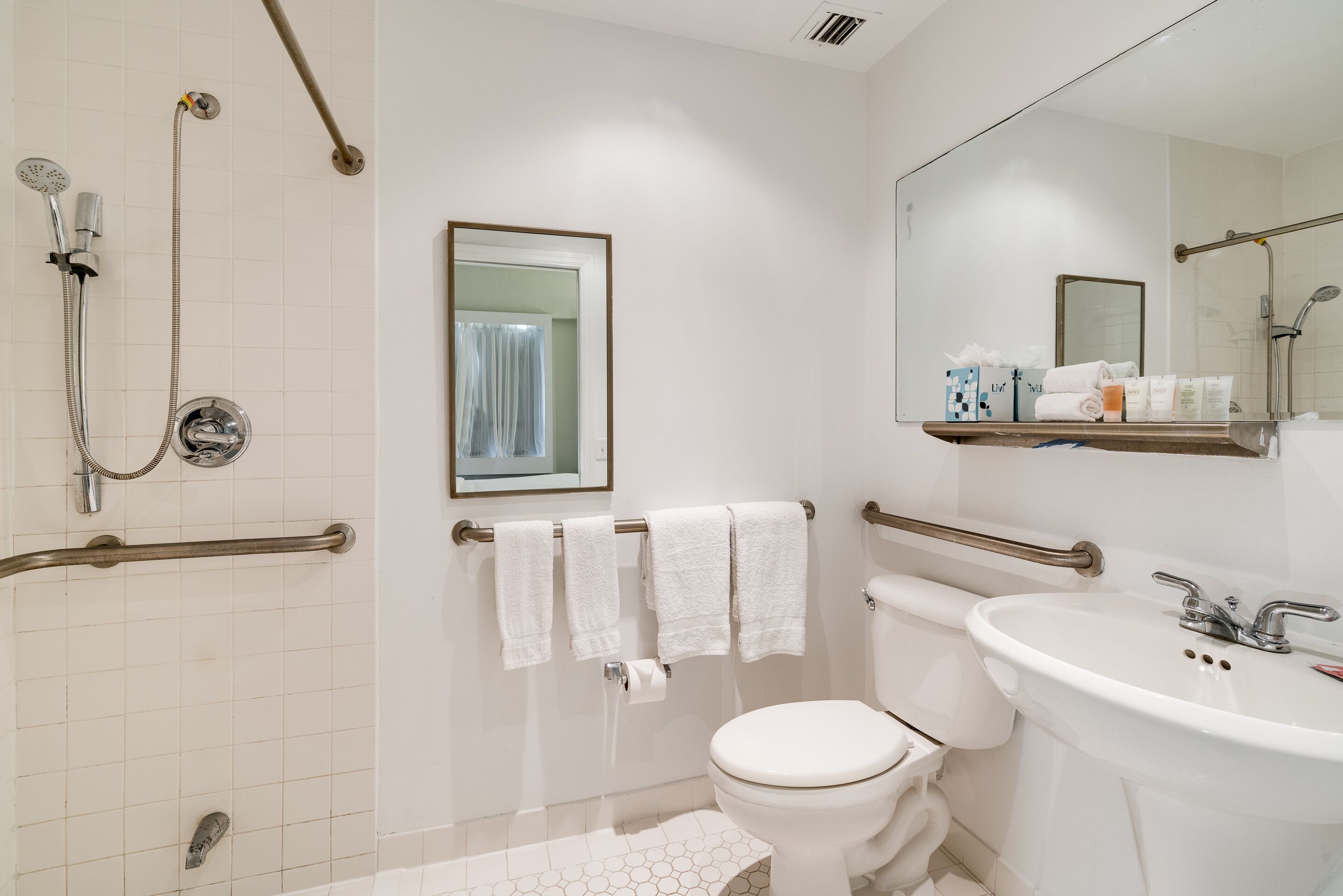 A modern bathroom with a toilet, sink, and shower. There are handrails and a mirror above the sink.