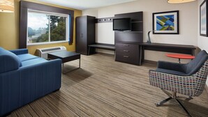 A modern hotel room with a sofa, a desk, a television, and a view of the outdoors.