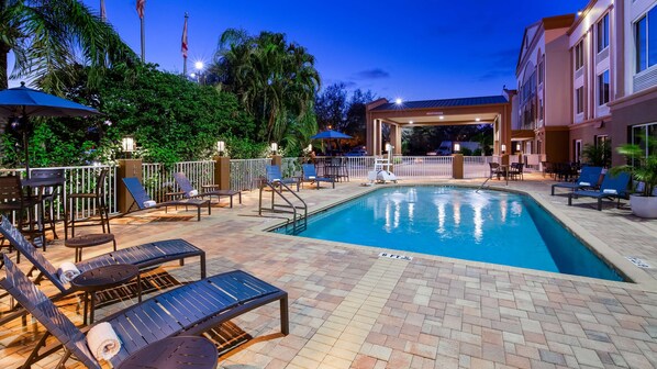 Outdoor pool, pool umbrellas, pool loungers