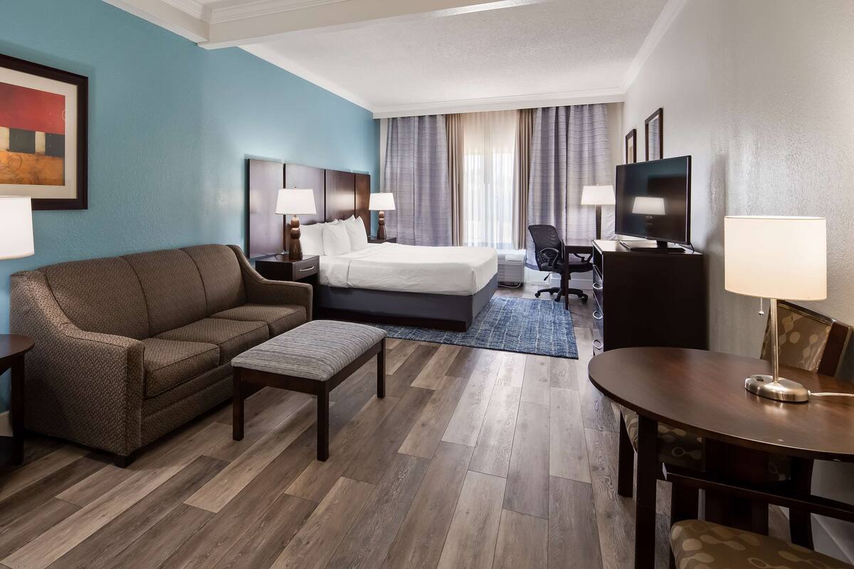 Une chambre d’hôtel avec un lit, un canapé, un bureau et une télévision.