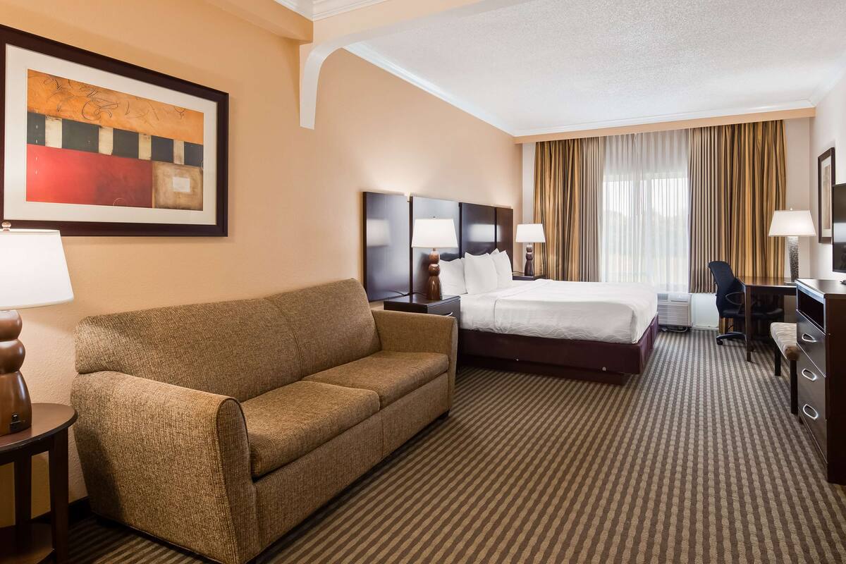 Une chambre d’hôtel comprenant un lit, un canapé, un bureau, une télévision et une lampe.