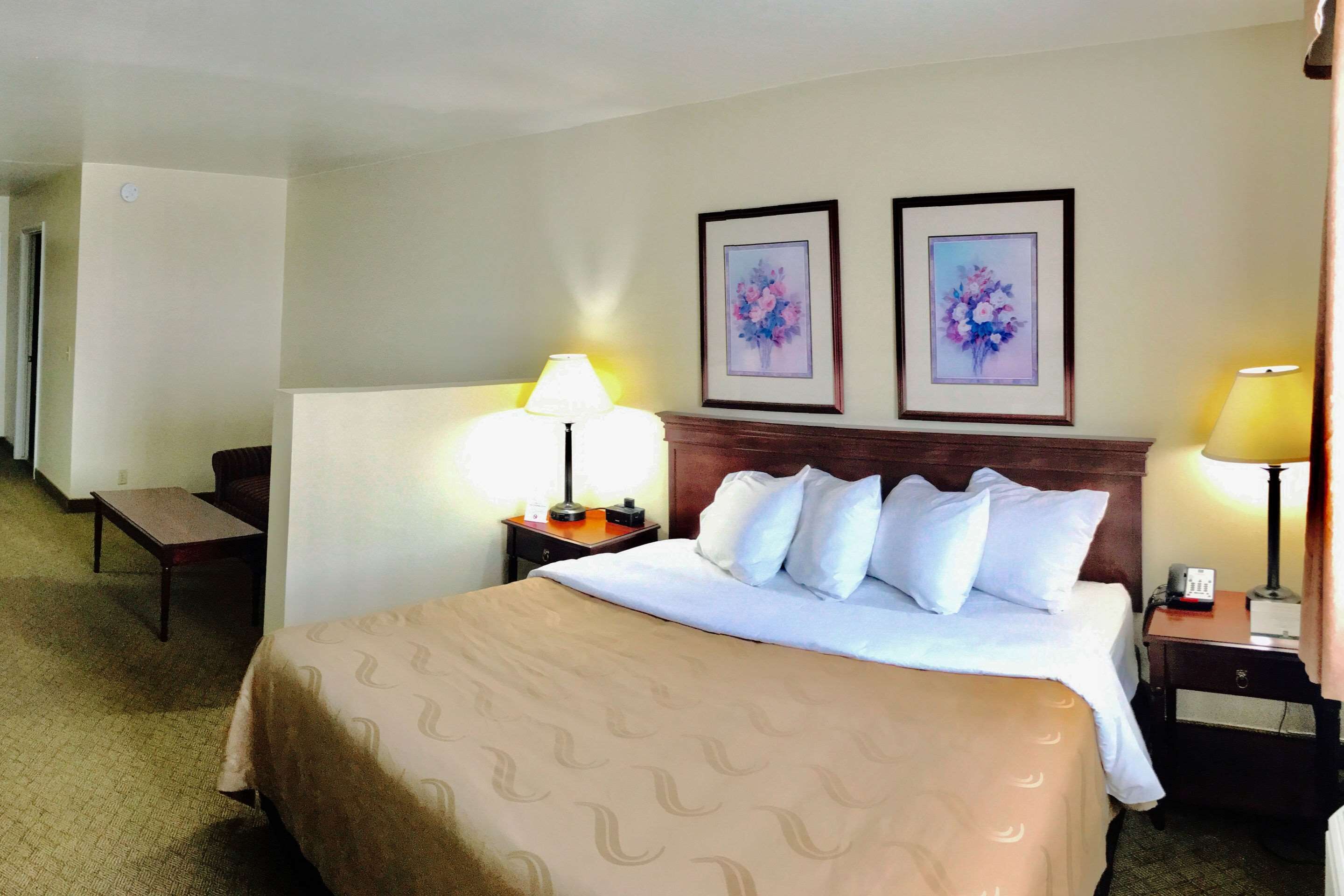A hotel room with a bed, two bedside tables with lamps, a chair, and two framed floral paintings on the wall.