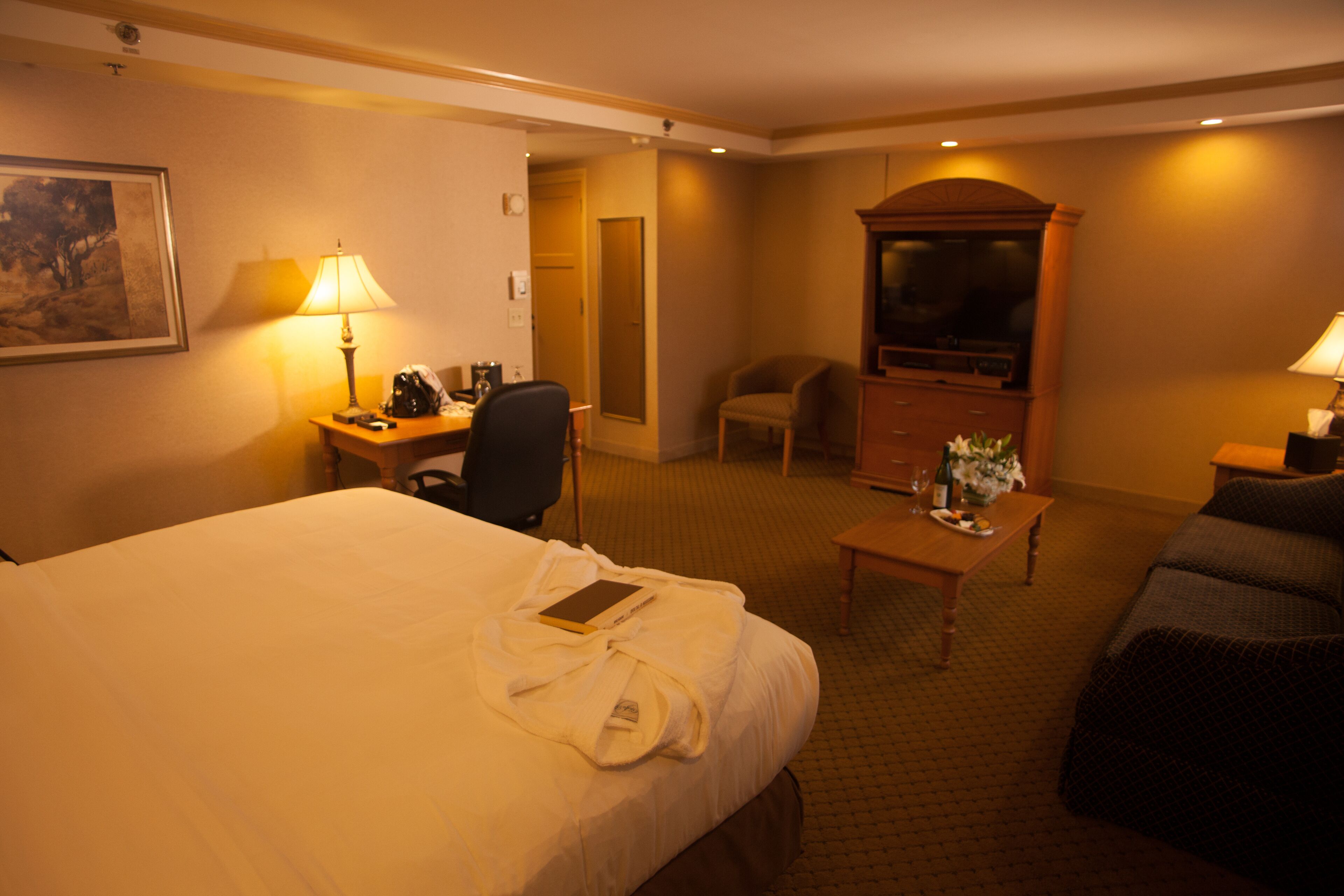 A hotel room with a large bed, a desk with a lamp, a television, a chair, and a sofa.