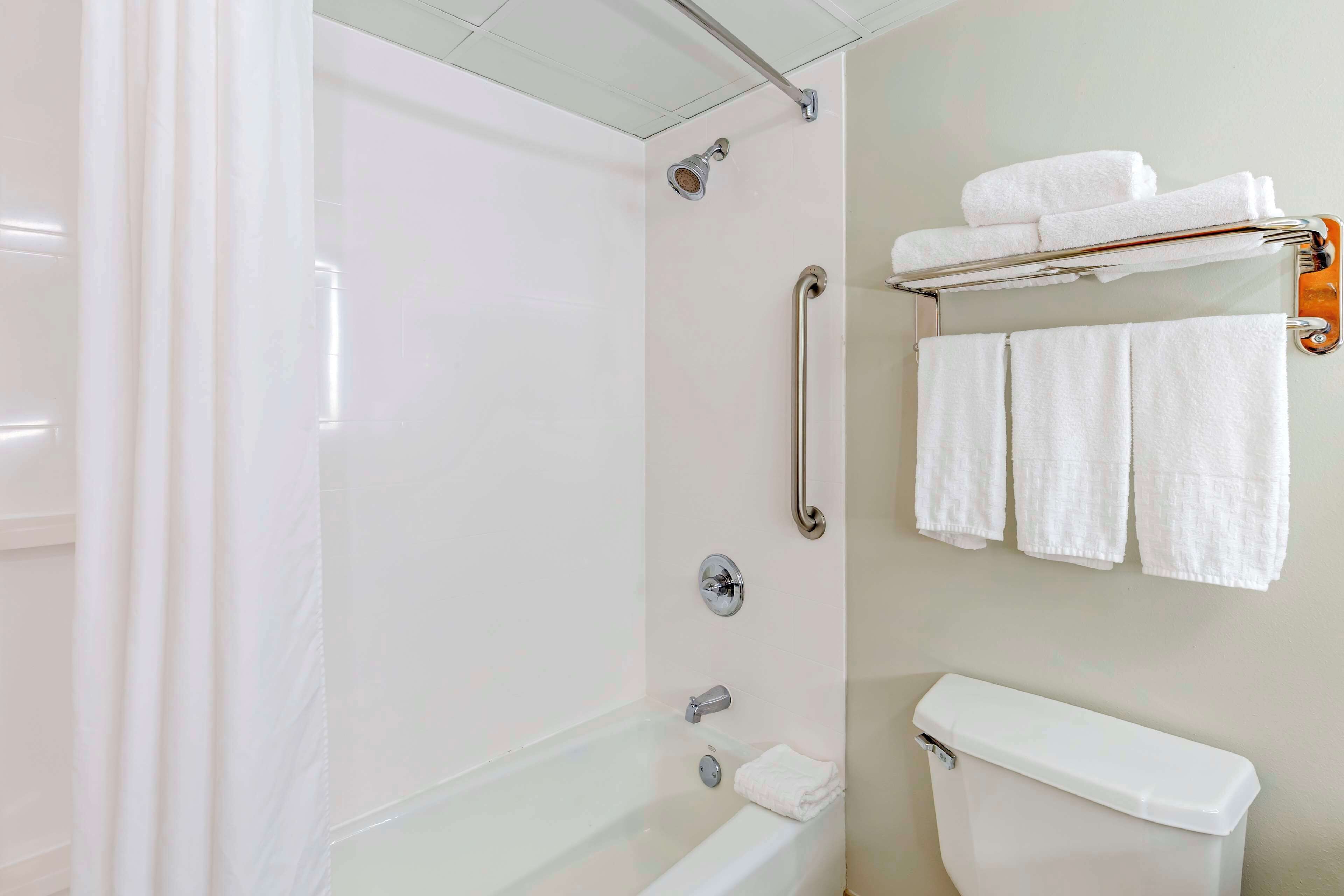 combined shower/bathtub, free toiletries, hair dryer, towels