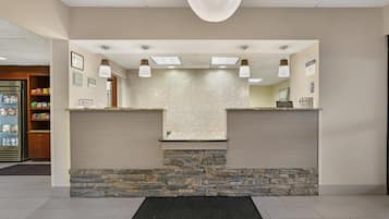 A reception area with a stone wall, a black mat, and a counter with a sink.