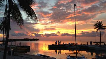 Vista al atardecer desde un muelle con barcos y palmeras.