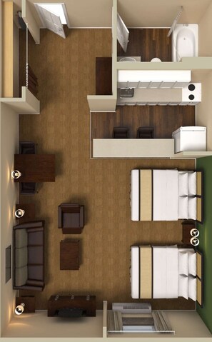 Deluxe Studio, Multiple Beds, Non Smoking | Desk, laptop workspace, blackout drapes, iron/ironing board
