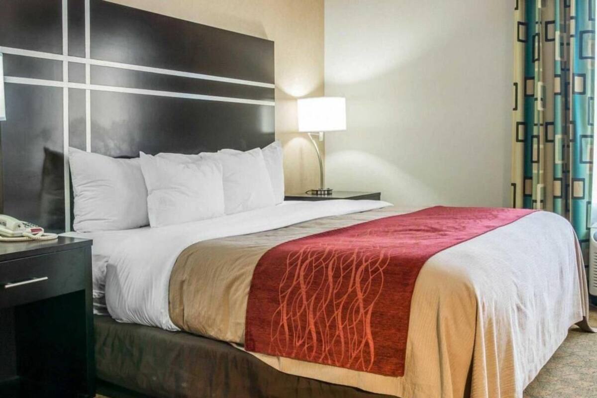 A hotel room with a bed, a nightstand with a lamp, and a telephone.