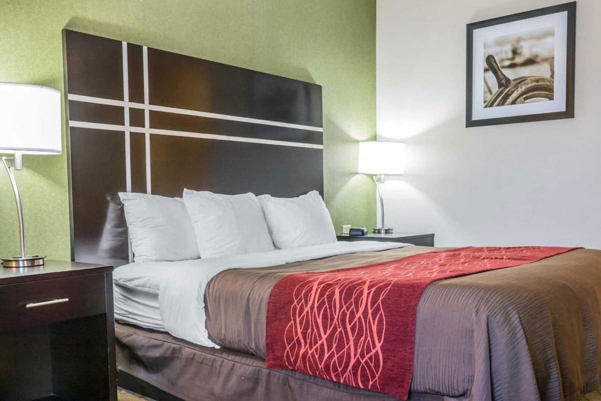 A hotel room with a bed, bedside tables, a headboard, a lamp, and a framed picture on the wall.
