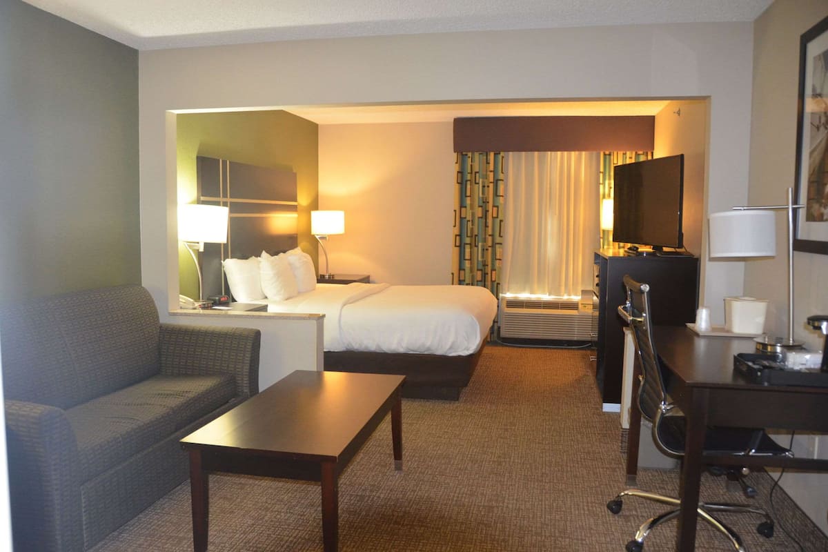 A hotel room with a bed, a sofa, a desk, and a TV.