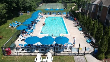 A swimming pool with lounge chairs and umbrellas, surrounded by a fence and greenery.