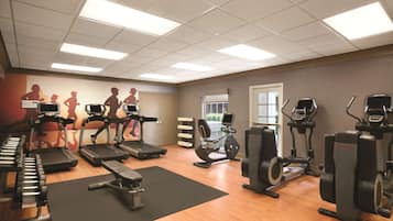 A gym with treadmills, elliptical machines, and weight benches.