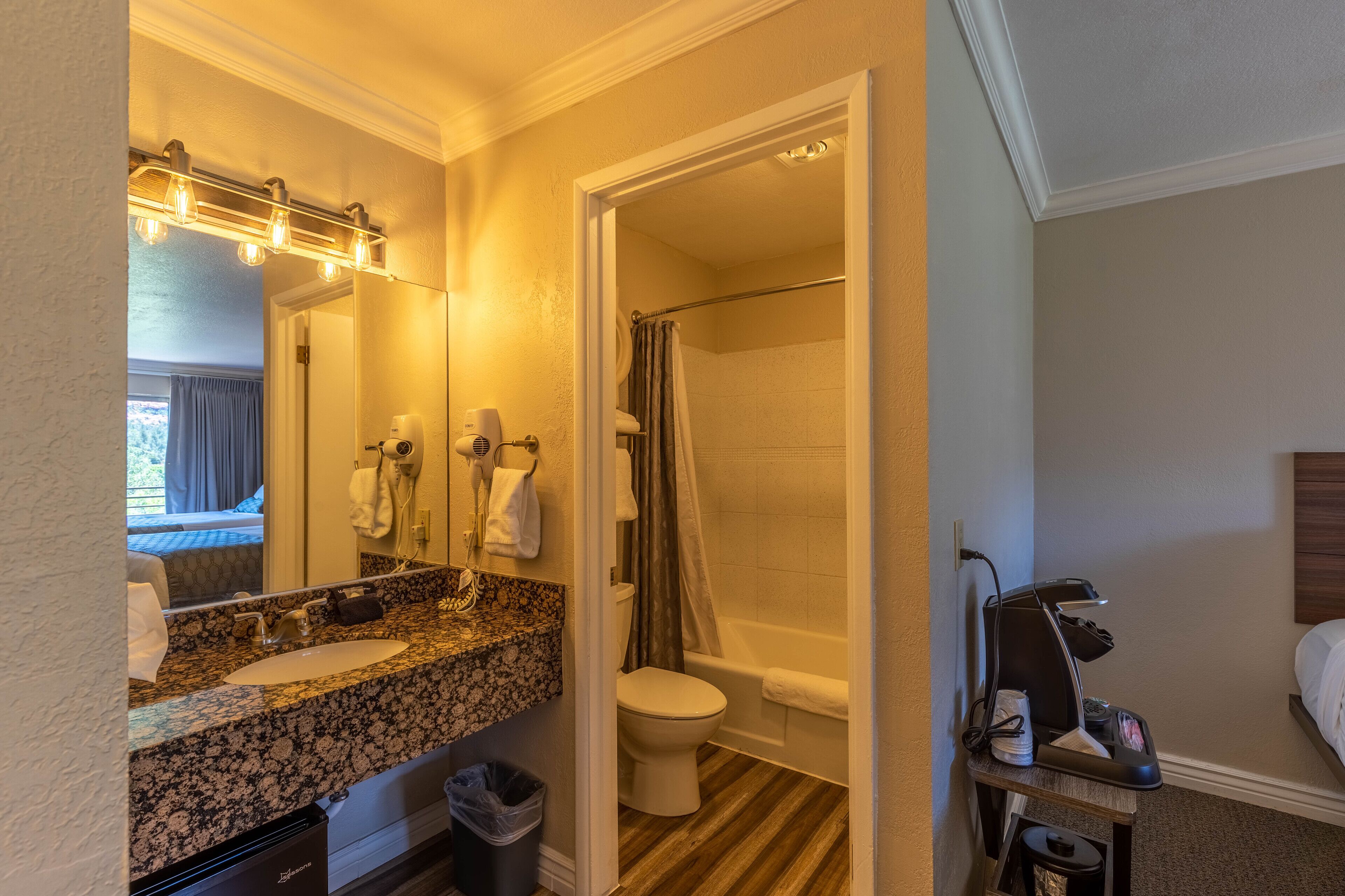 combined shower/bathtub, free toiletries, hair dryer, towels