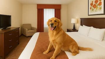Habitación de hotel con una cama grande, un televisor en una cómoda, una silla y un cuadro en la pared.