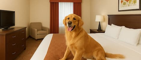 A hotel room with a large bed, a television on a dresser, a chair, and a painting on the wall.