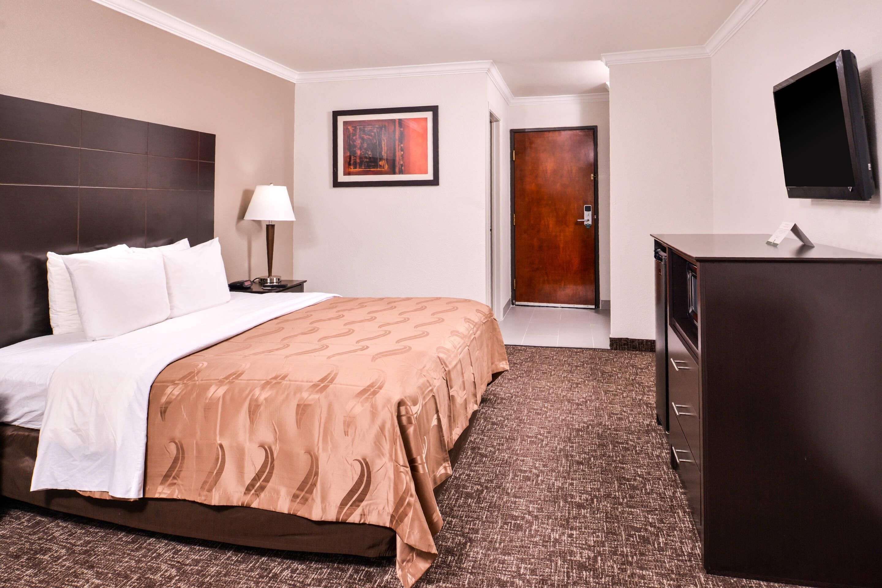Une chambre d’hôtel avec un lit, un bureau, une télévision et une porte.