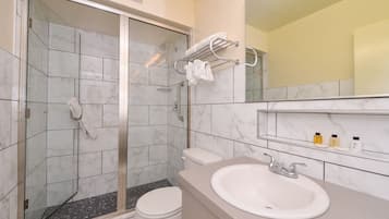 Un bagno con doccia vetro, WC, lavandino e specchio sopra il lavandino.