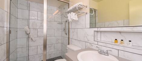 A bathroom with a glass-enclosed shower, a toilet, a sink, and a mirror above the sink.