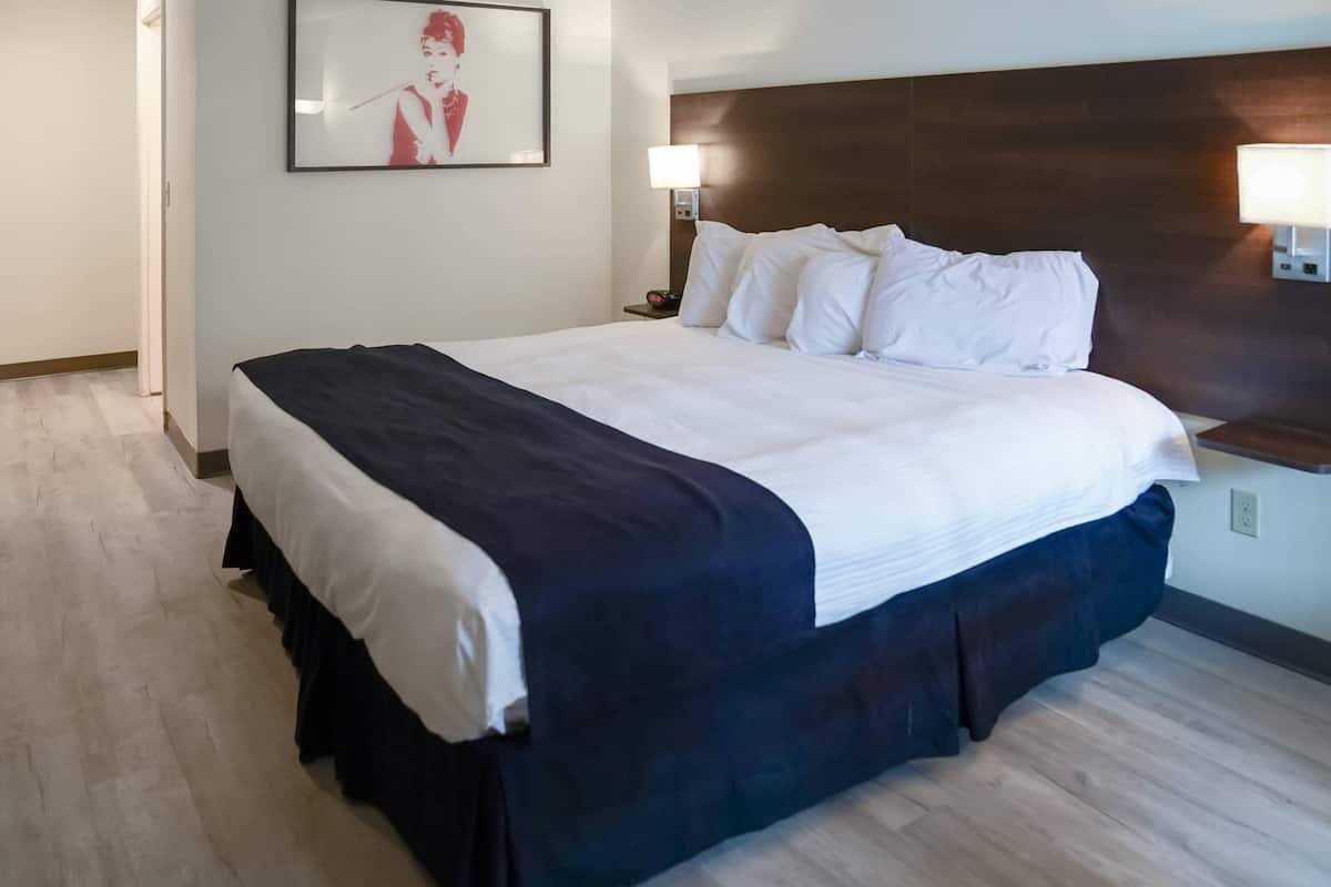 A hotel room with a large bed, a headboard, two bedside lamps, a framed picture on the wall, and a wooden floor.