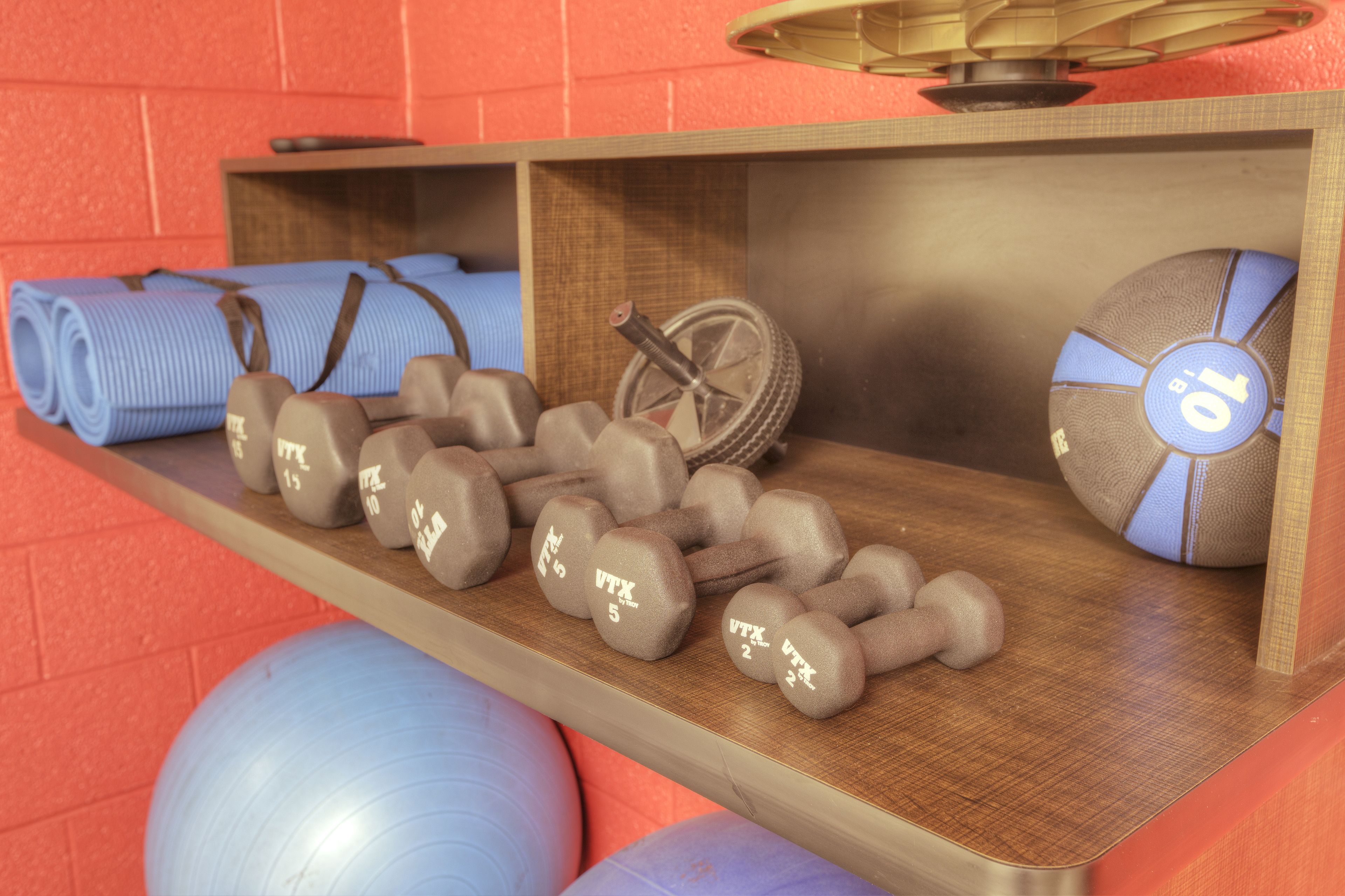 A wooden shelf with exercise equipment including dumbbells, a yoga mat, and a medicine ball.