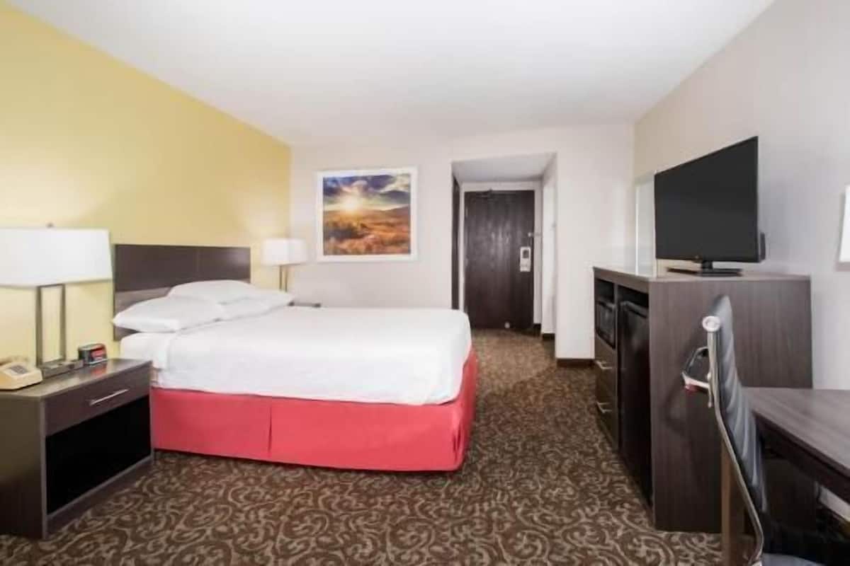 Ein Hotelzimmer mit Bett, Schreibtisch, Fernseher und einem Bild an der Wand.