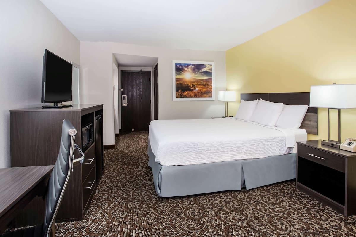 Ein Hotelzimmer mit Bett, Schreibtisch, Fernseher, Lampe und einem Bild an der Wand.