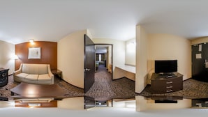 Een hotelkamer met een open indeling, een bank, een bureau, een televisie en een kamerbreed tapijt met dessin.