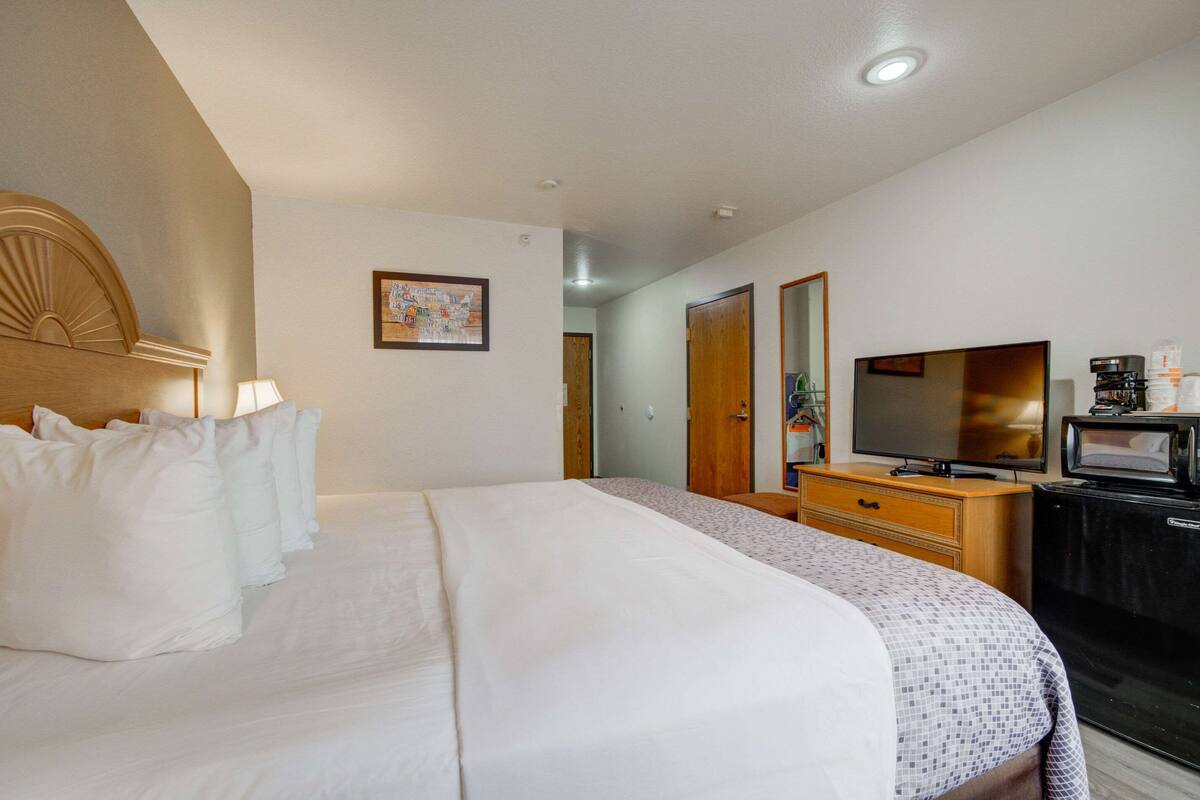 Une chambre d’hôtel avec un grand lit, une télévision, un four à micro-ondes et une commode.