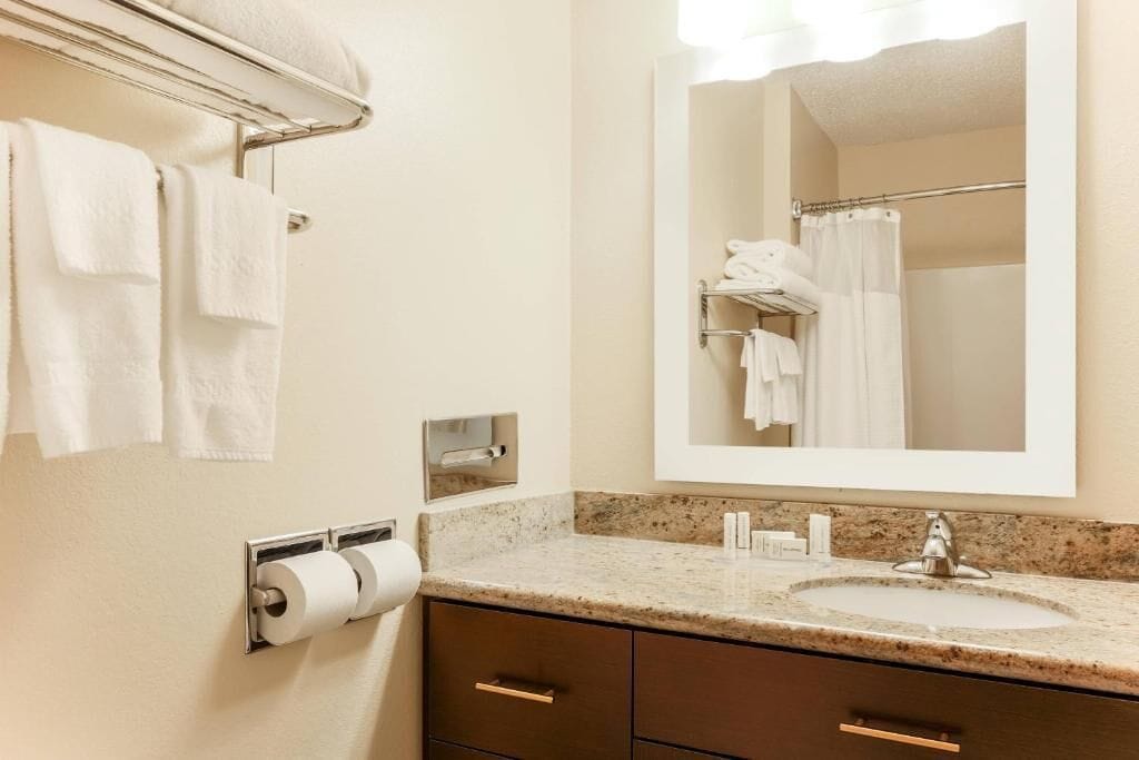 A hotel bathroom with a sink, mirror, towel rack, and toilet paper dispenser.