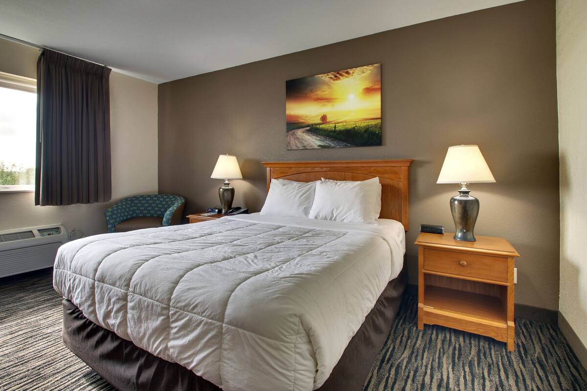 Habitación de hotel con una cama grande, dos mesitas de noche con lámparas, un cuadro en la pared y vistas al exterior por la ventana.